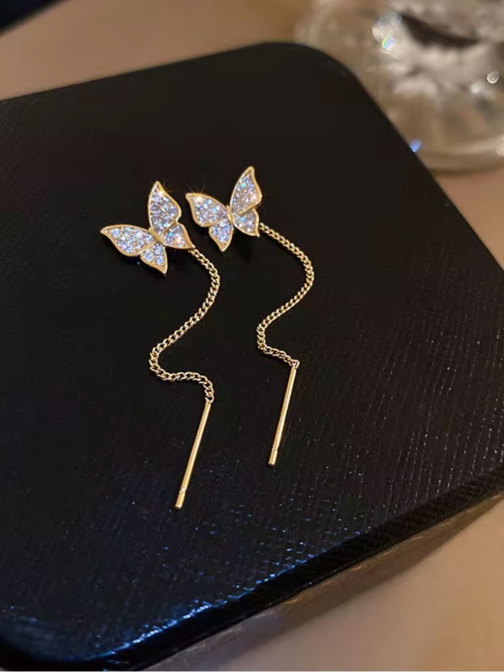 Gold Butterfly Threader Earrings with Crystal Accents
